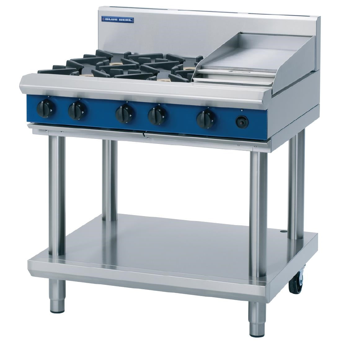 Blue Seal Evolution Cooktop 4 Open/1 Griddle Burner Nat Gas on Stand 900mm G516C-LS/N