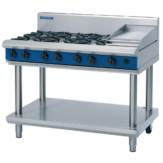 Blue Seal Evolution Cooktop 6 Open/1 Griddle Burner Natural Gas on Stand 1200mm G518C-LS/N