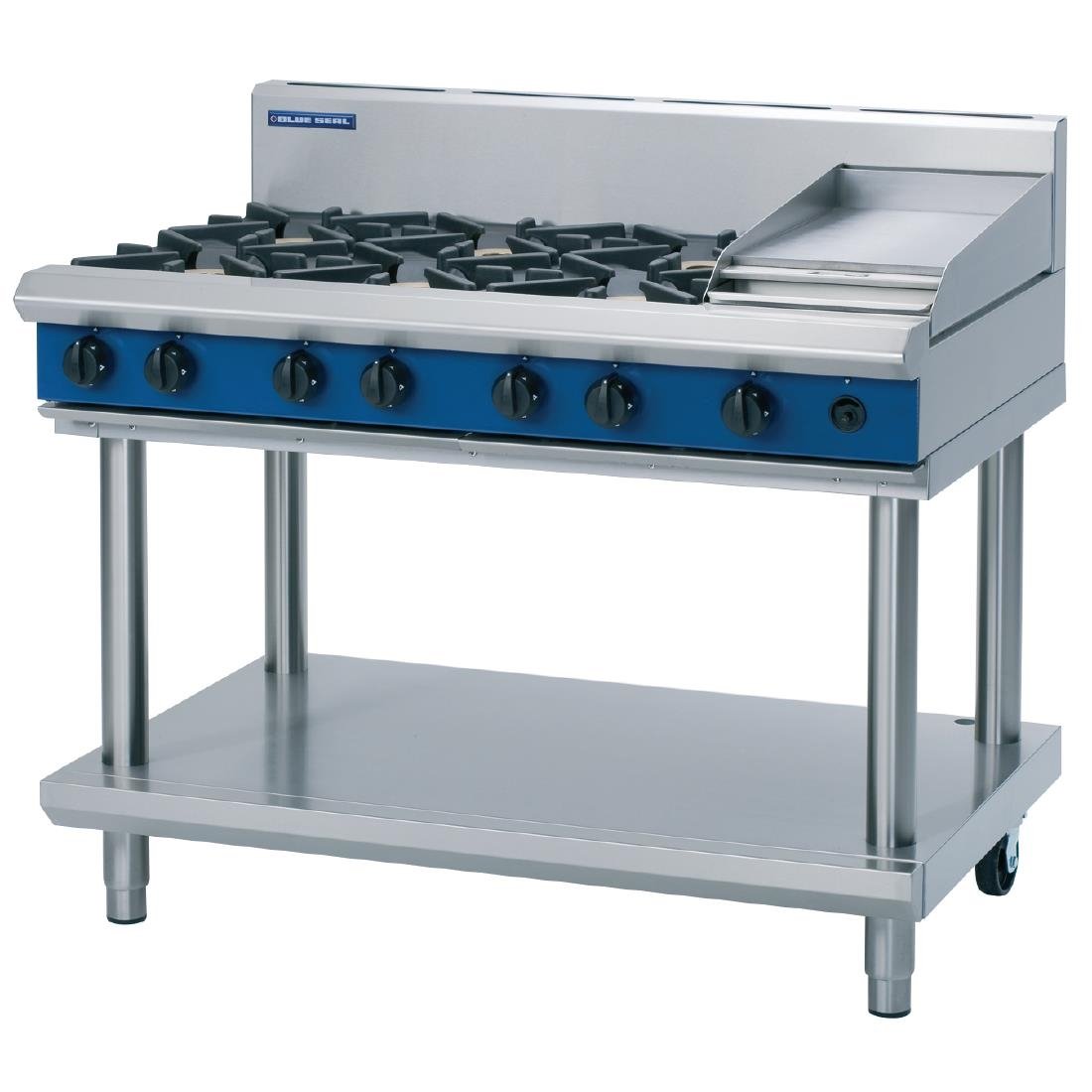 Blue Seal Evolution Cooktop 6 Open/1 Griddle Burner LPG on Stand1200mm G518C-LS/L