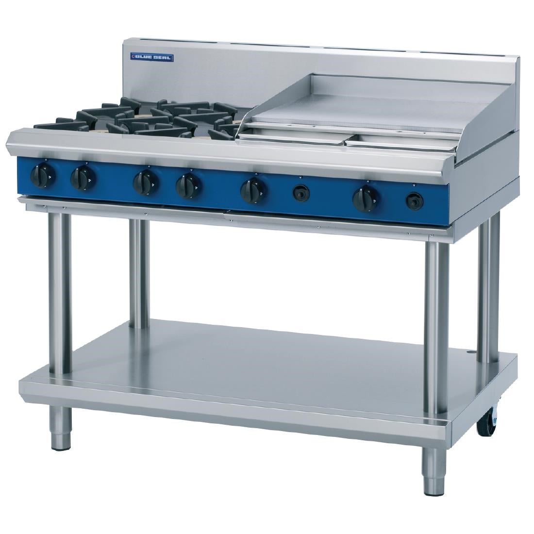 Blue Seal Evolution Cooktop 4 Open/ 1 Griddle Burner Natural Gas on Stand1200mm G518B-LS/N